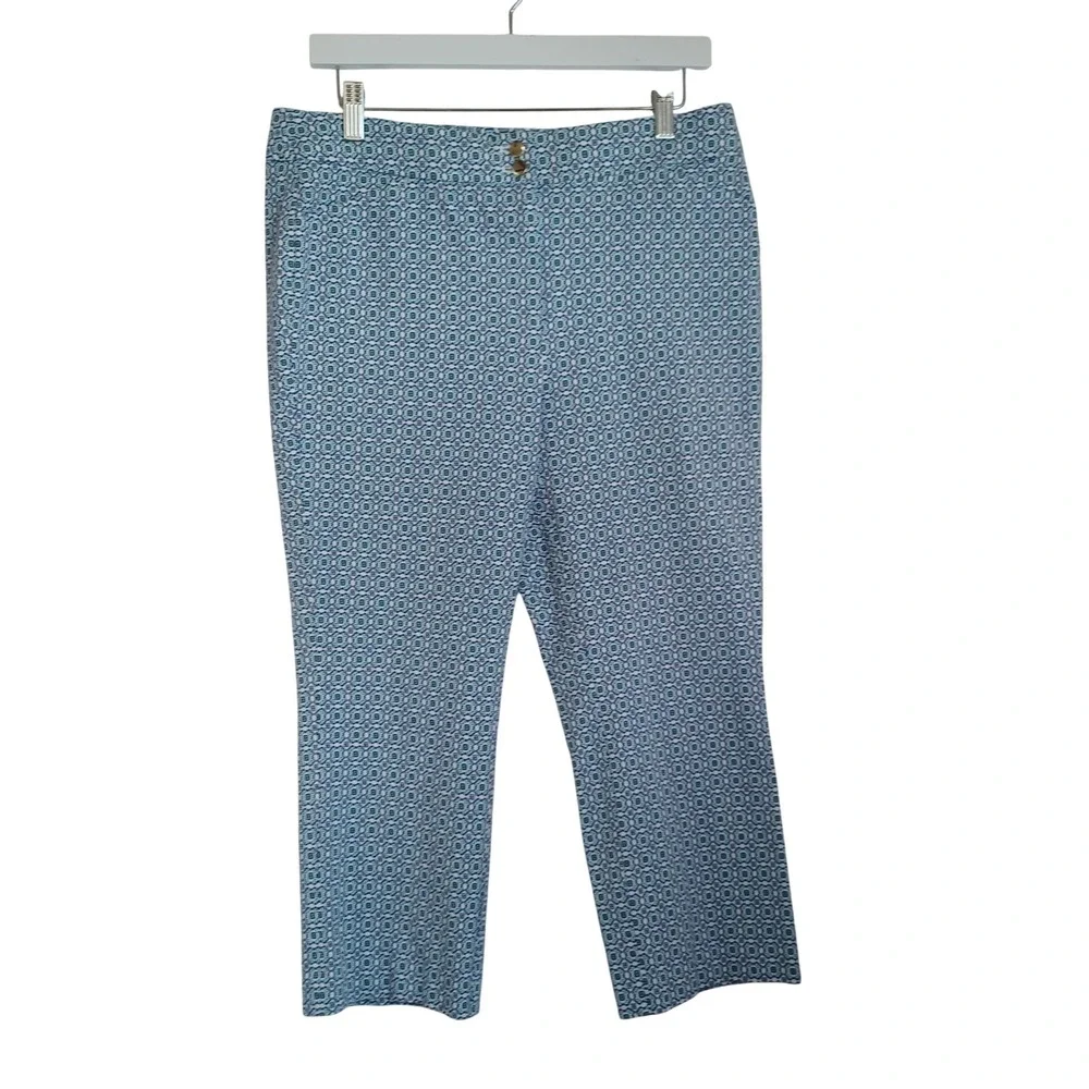Chicos Brigitte So Slimming Crop Pants Blue White Geometric Tile Womens Size M